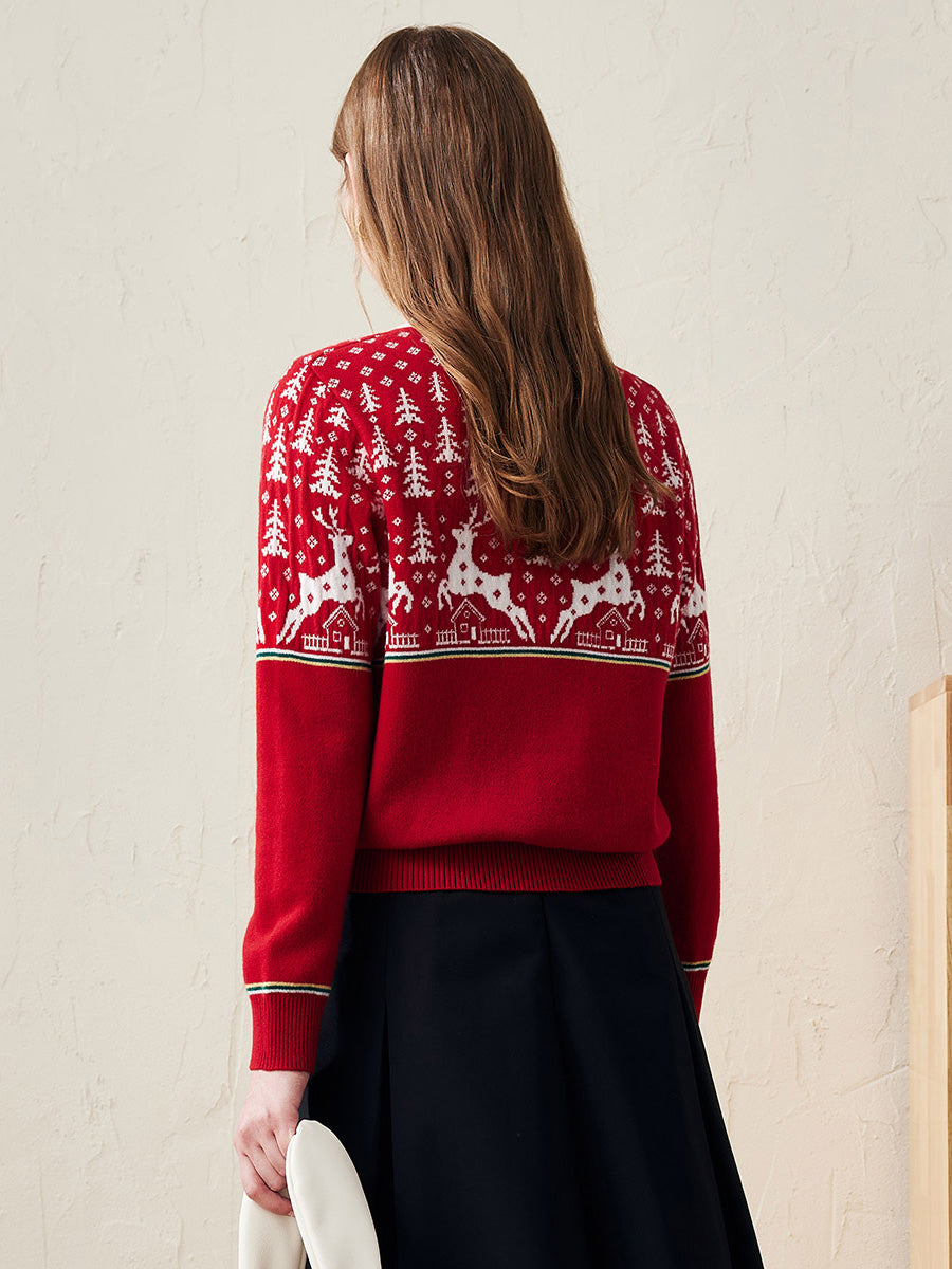 COMOBOCA 100% Wool Women's Reindeer Knit Sweater