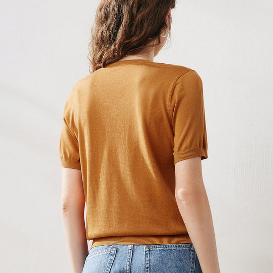 COMOBOCA Women's Lyocell V-Neck Ribbed Knit T-Shirt