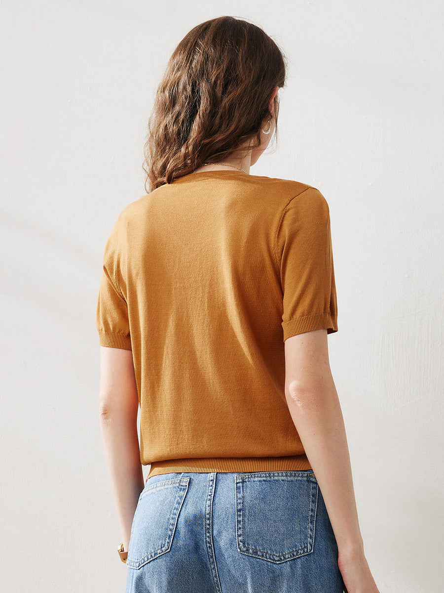 COMOBOCA Women's Lyocell V-Neck Ribbed Knit T-Shirt