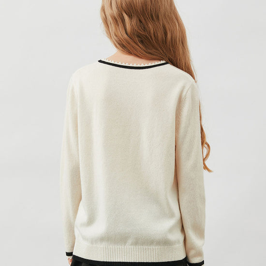 COMOBOCA 100% Wool Kids' Tie-Neck Contrast Trim Sweater