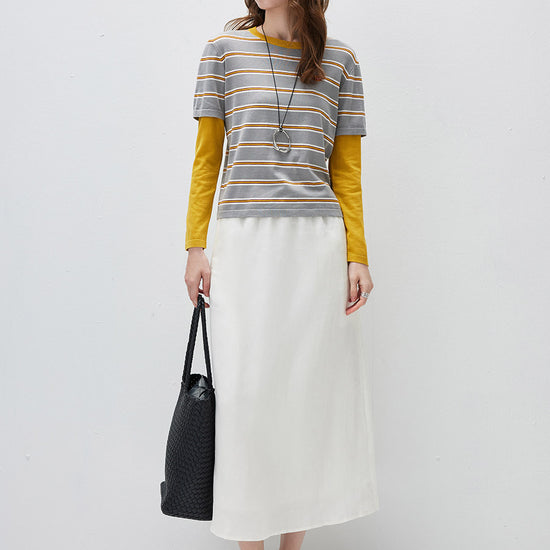 COMOBOCA Women's Layered Striped Round Neck Knit Sweater