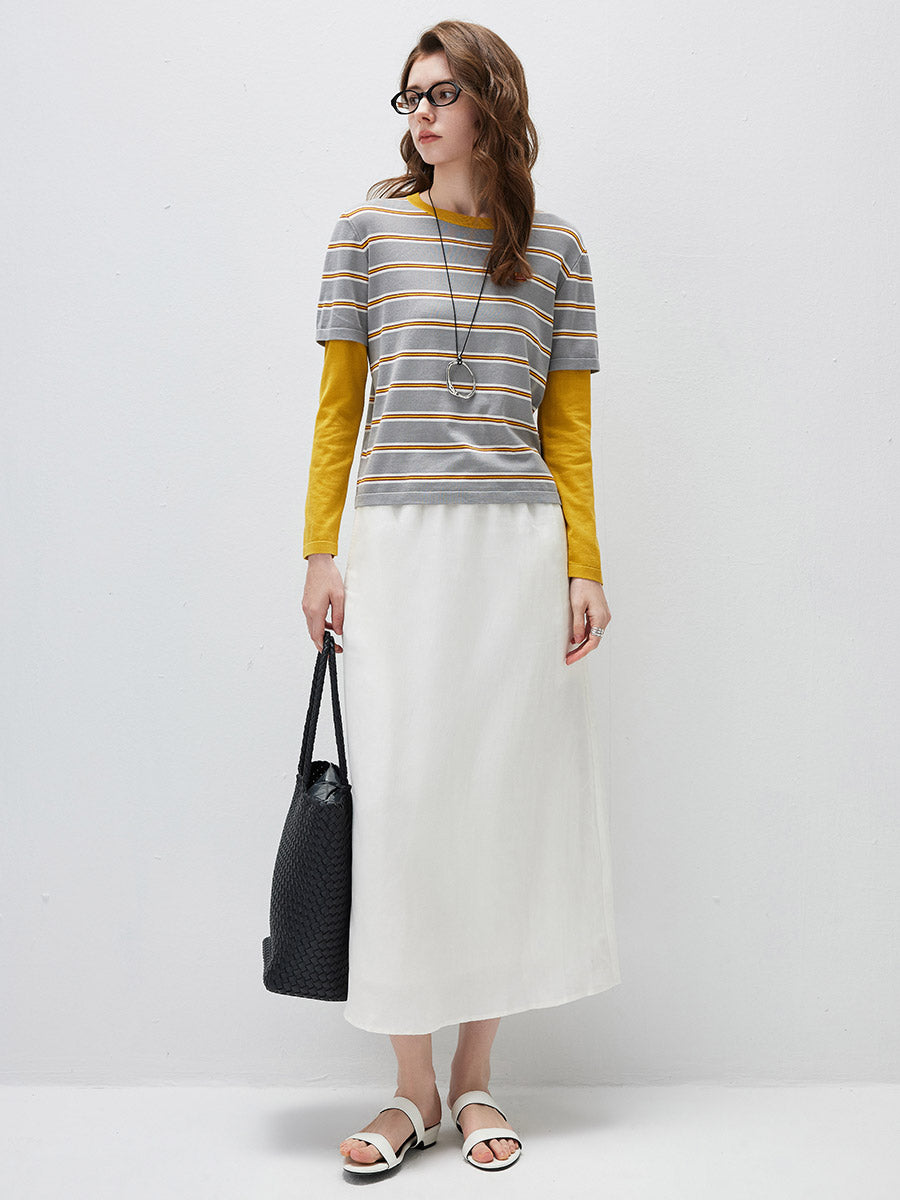 COMOBOCA Women's Layered Striped Round Neck Knit Sweater