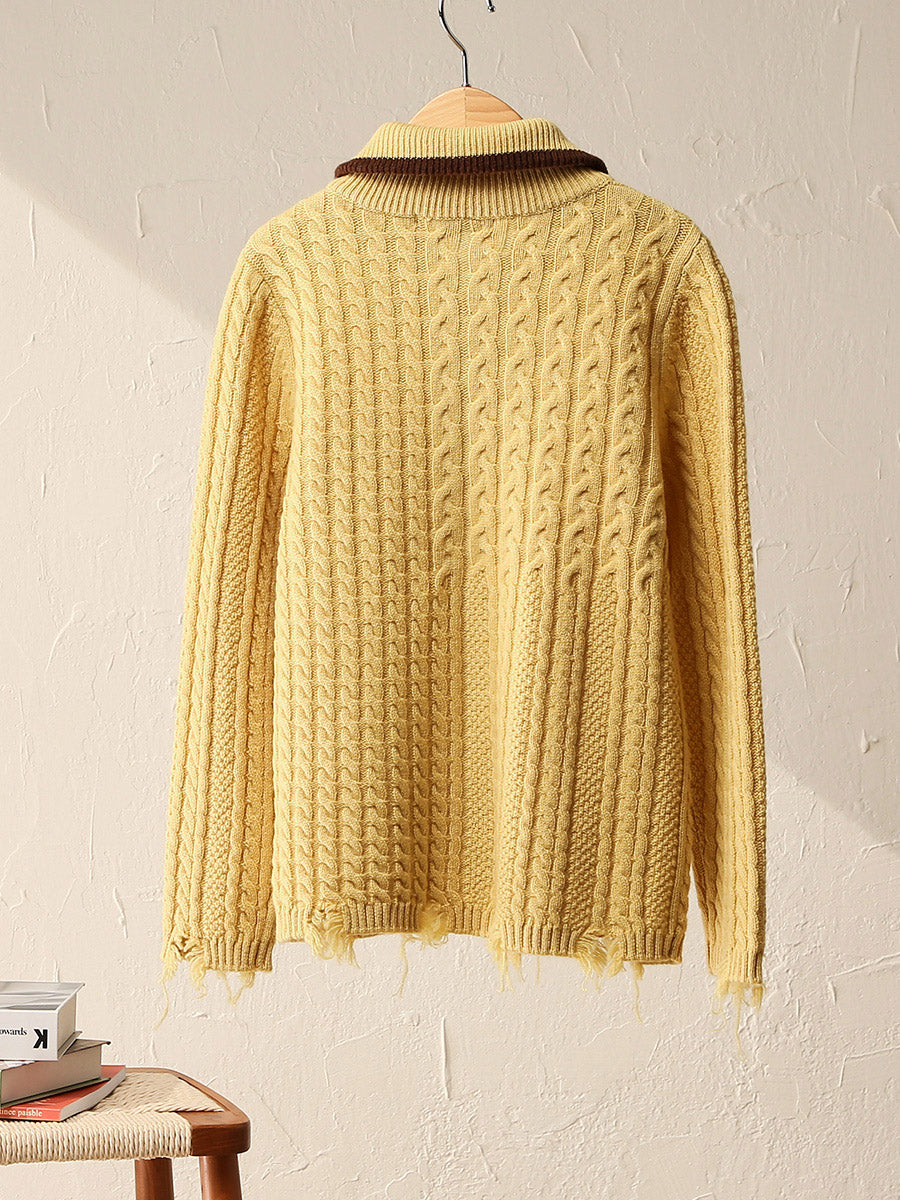 COMOBOCA 100% Wool Kid's Cable Knit Turtleneck Zip Up Cardigan