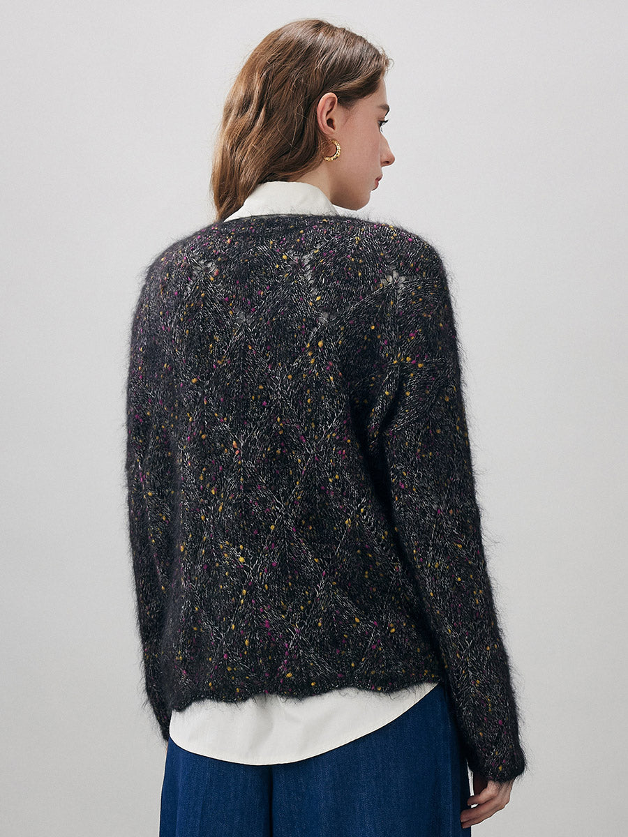 COMOBOCA Women's Speckled Lace Knit Round Neck Sweater