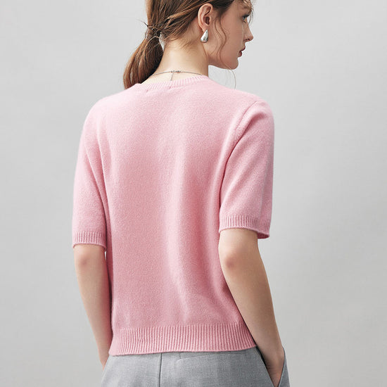 COMOBOCA 100% Cashmere Women's Embroidered Logo Short Sleeve Sweater