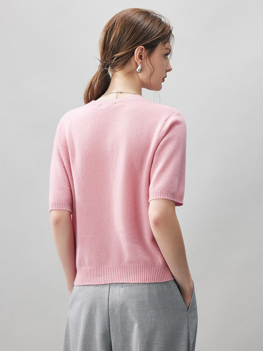 COMOBOCA 100% Cashmere Women's Embroidered Logo Short Sleeve Sweater