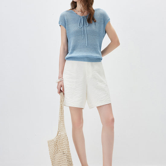 COMOBOCA Women's Tie-Neck Textured Knit Cap Sleeve Top