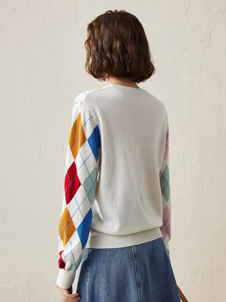 COMOBOCA 100% Cashmere Women's Argyle Pattern Colorful Knit Sweater