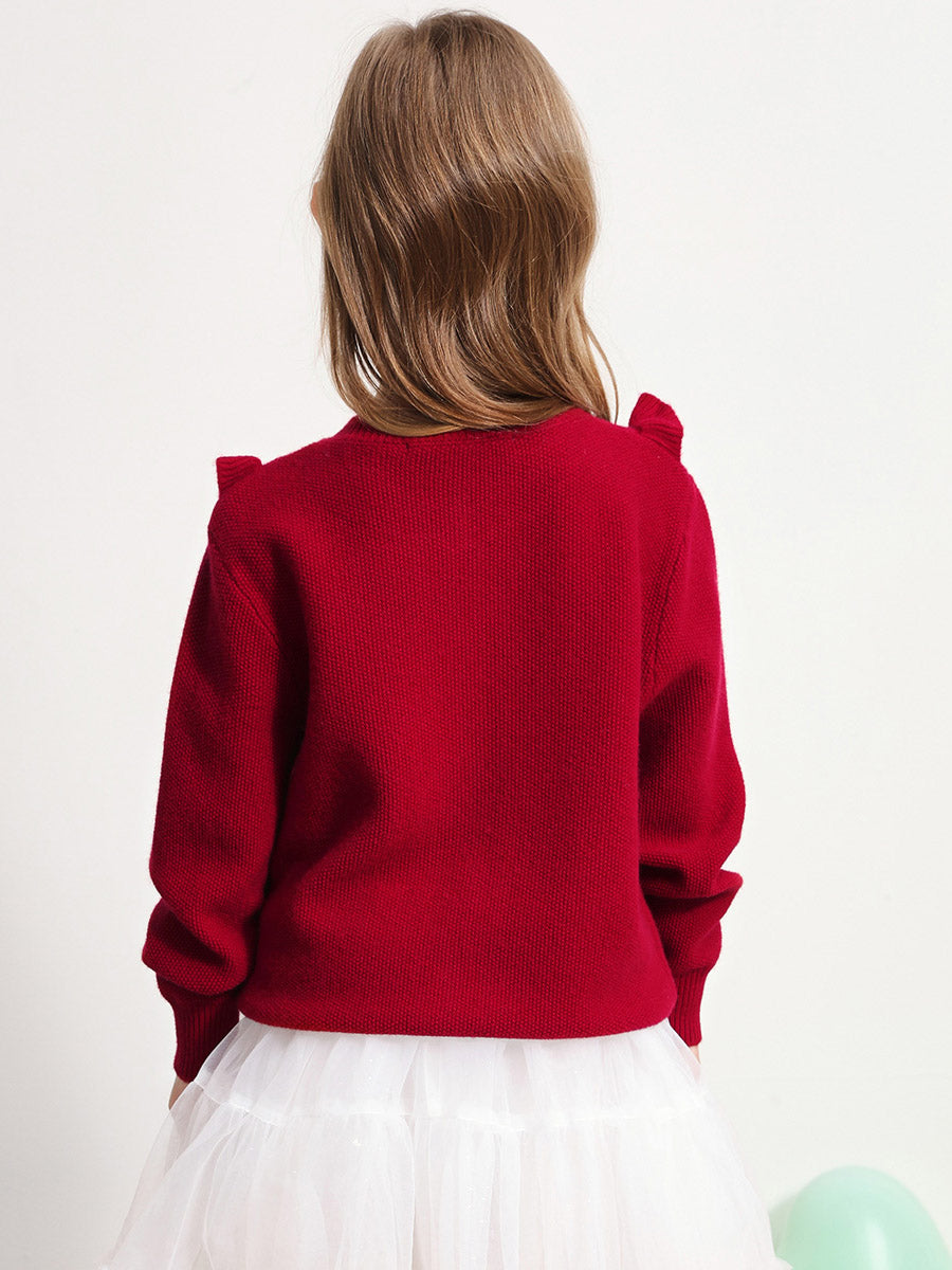 COMOBOCA 100% Wool Kids' Round Neck Heart Button Cardigan