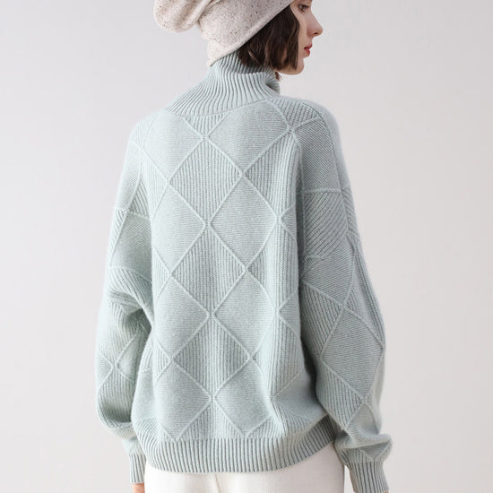 COMOBOCA 100% Cashmere Women's Diamond Knit Turtleneck Sweater