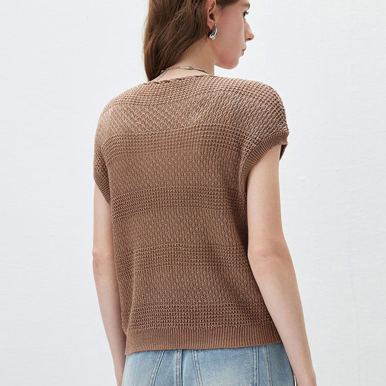 COMOBOCA Women's Tie-Neck Textured Knit Cap Sleeve Top