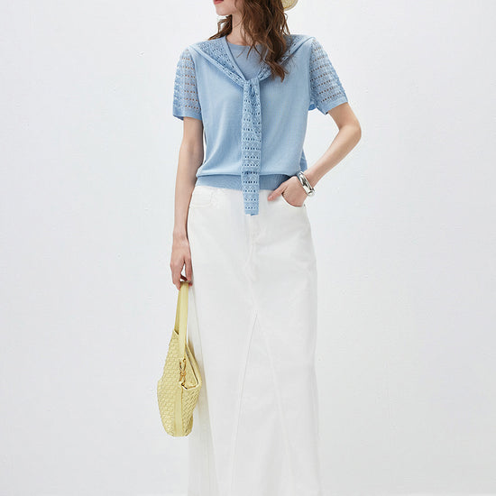 COMOBOCA Women's Lace Round Neck Knit T-Shirt