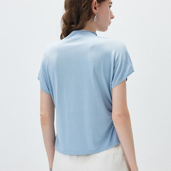 COMOBOCA Women's Side Ruched Mock Neck Knit T-Shirt