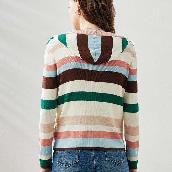 COMOBOCA Women's Versatile Striped Zip-Up Hoodie Cardigan