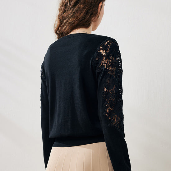 COMOBOCA Women's Lace Sleeve Round Neck Sweater