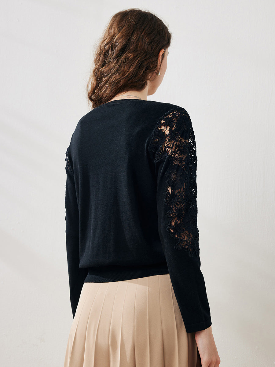 COMOBOCA Women's Lace Sleeve Round Neck Sweater