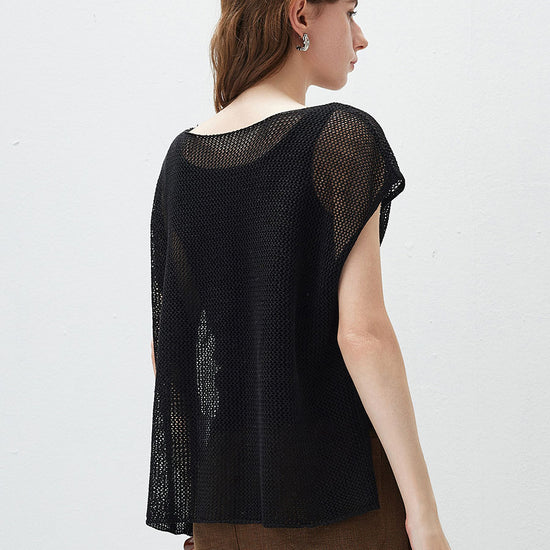 COMOBOCA Women's Sheer Mesh Knit Cap Sleeve Top with Side Slit