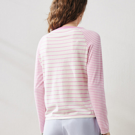 COMOBOCA Women's Cotton Silk Striped Smiley Patch T-Shirt Knit Sweater