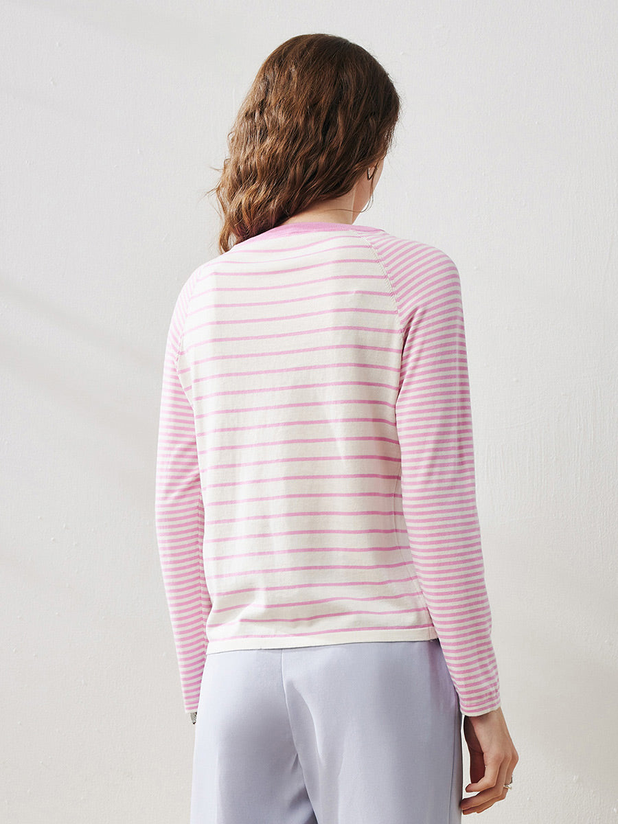 COMOBOCA Women's Cotton Silk Striped Smiley Patch T-Shirt Knit Sweater