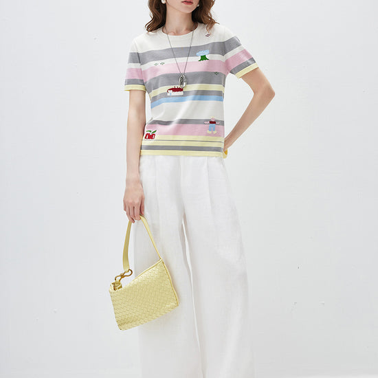 COMOBOCA Women's Farm Scene Striped Knit T-Shirt