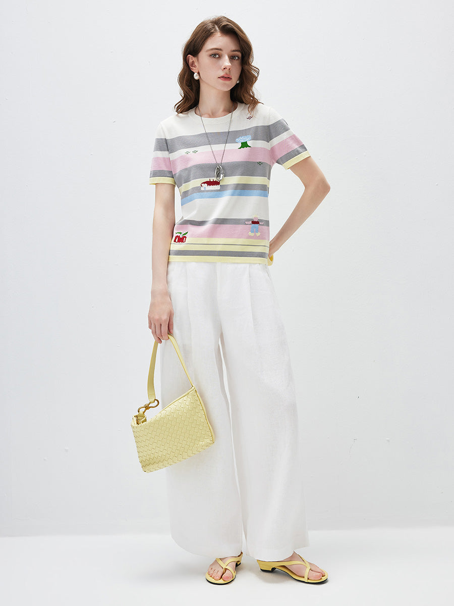 COMOBOCA Women's Farm Scene Striped Knit T-Shirt