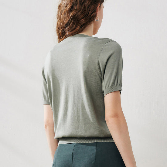 COMOBOCA Women's Lyocell V-Neck Ribbed Knit T-Shirt