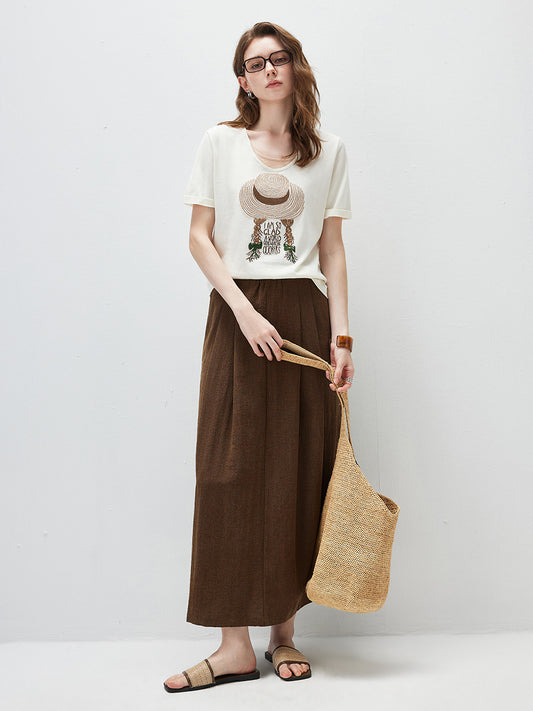 Women's mulberry Silk Knit Top with Patterned Jacquard & U-Neck