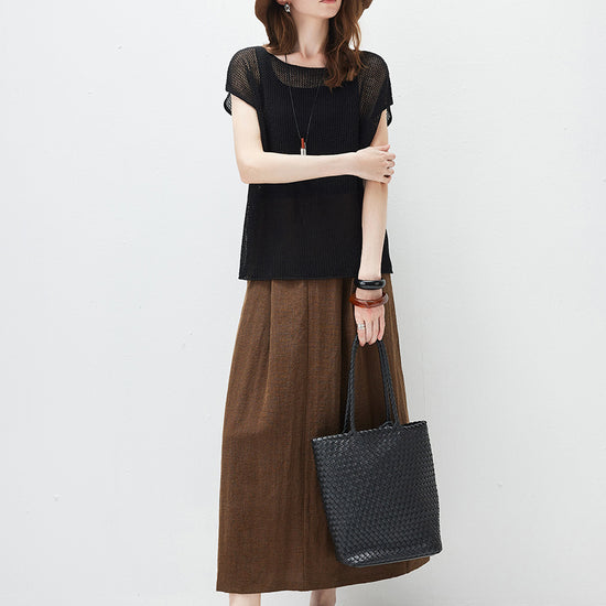 COMOBOCA Women's Sheer Mesh Knit Cap Sleeve Top with Side Slit