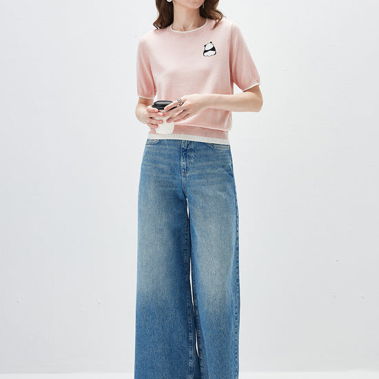 COMOBOCA Women's Panda Motif Contrast Trim Knit T-Shirt