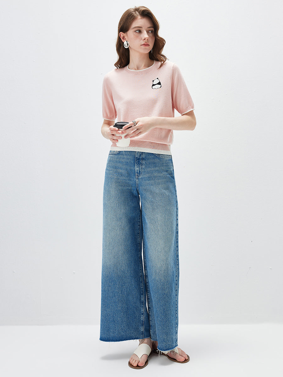 COMOBOCA Women's Panda Motif Contrast Trim Knit T-Shirt