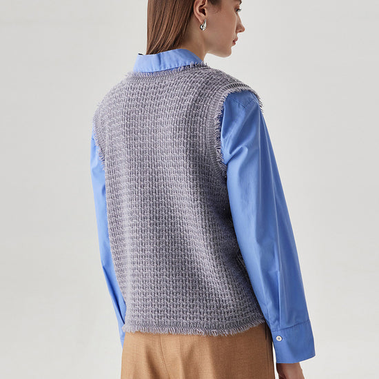 COMOBOCA 100% Wool Women's Button Down Frayed Hem Knit Vest