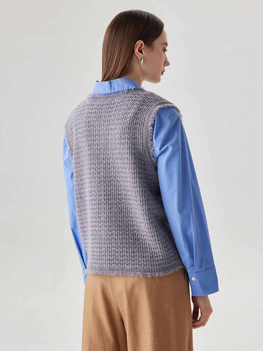 COMOBOCA 100% Wool Women's Button Down Frayed Hem Knit Vest
