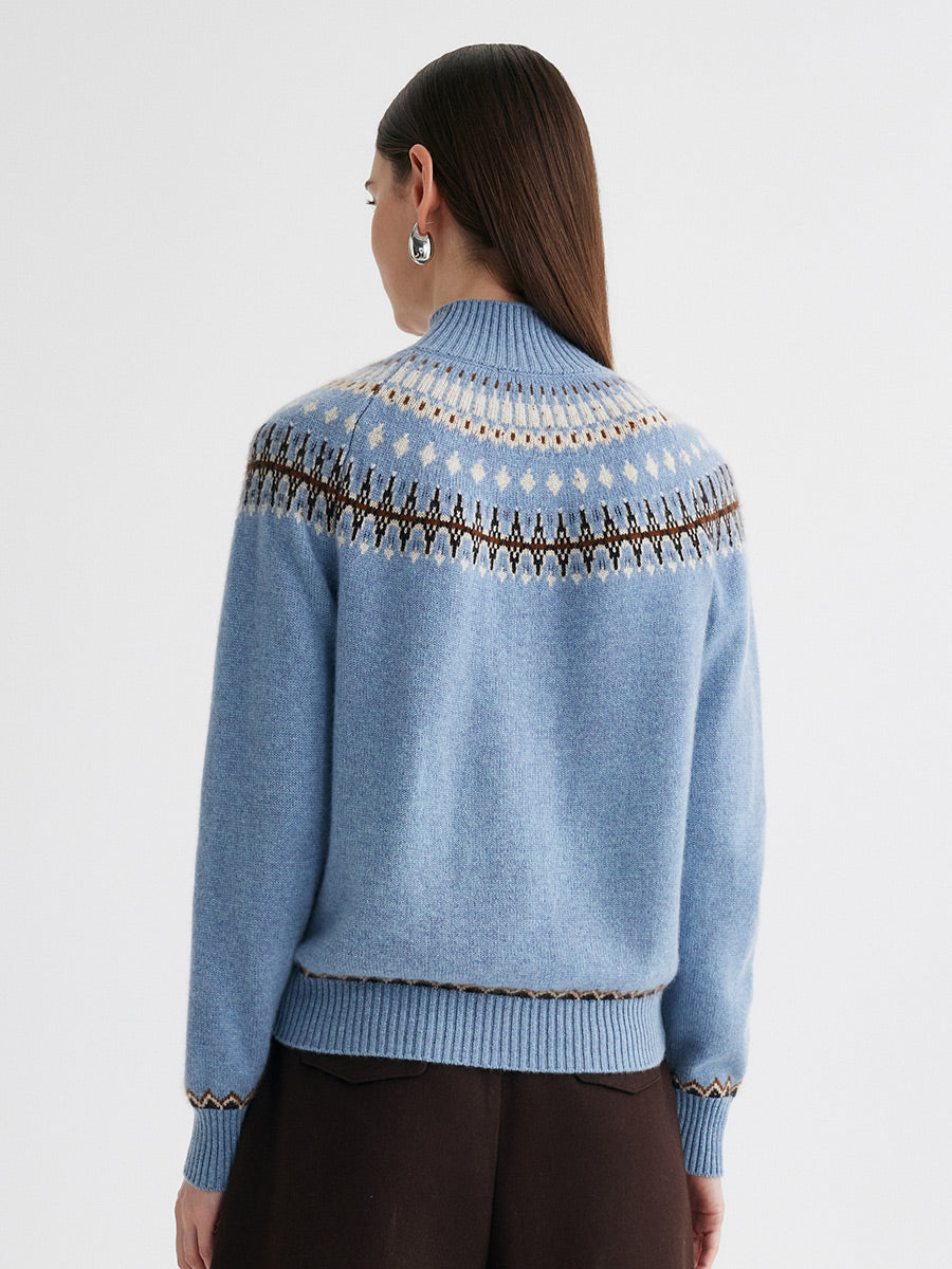 COMOBOCA 100% Cashmere Women's Fair Isle Mock Neck Sweater