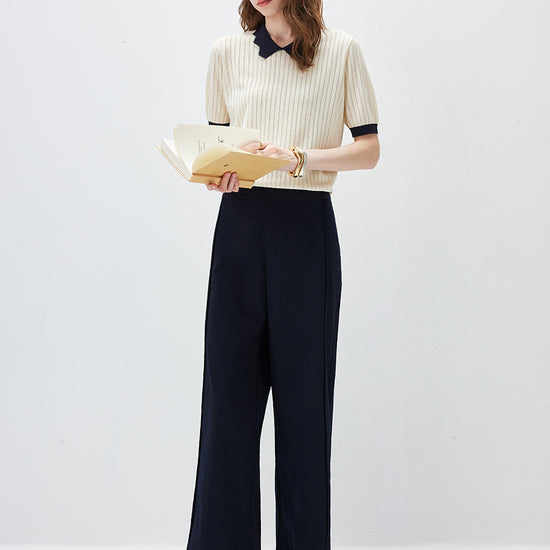 COMOBOCA Women's Scalloped Contrast Collar Openwork Knit Sweater