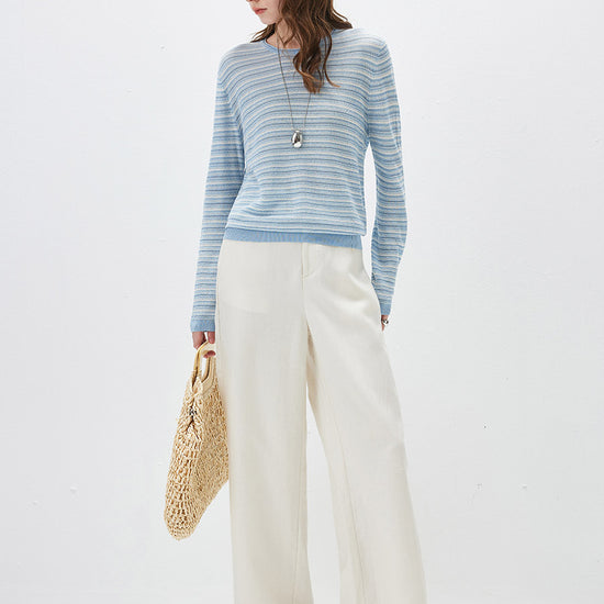 COMOBOCA Women's Striped Mesh Knit Round Neck Sweater