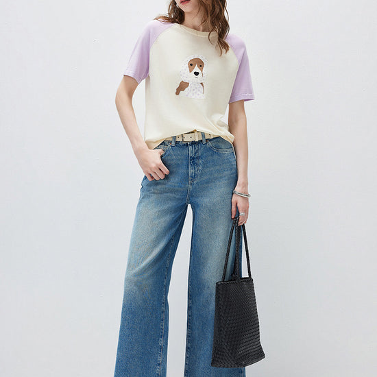 COMOBOCA Women's Puppy Intarsia Raglan Sleeve Knit T-Shirt