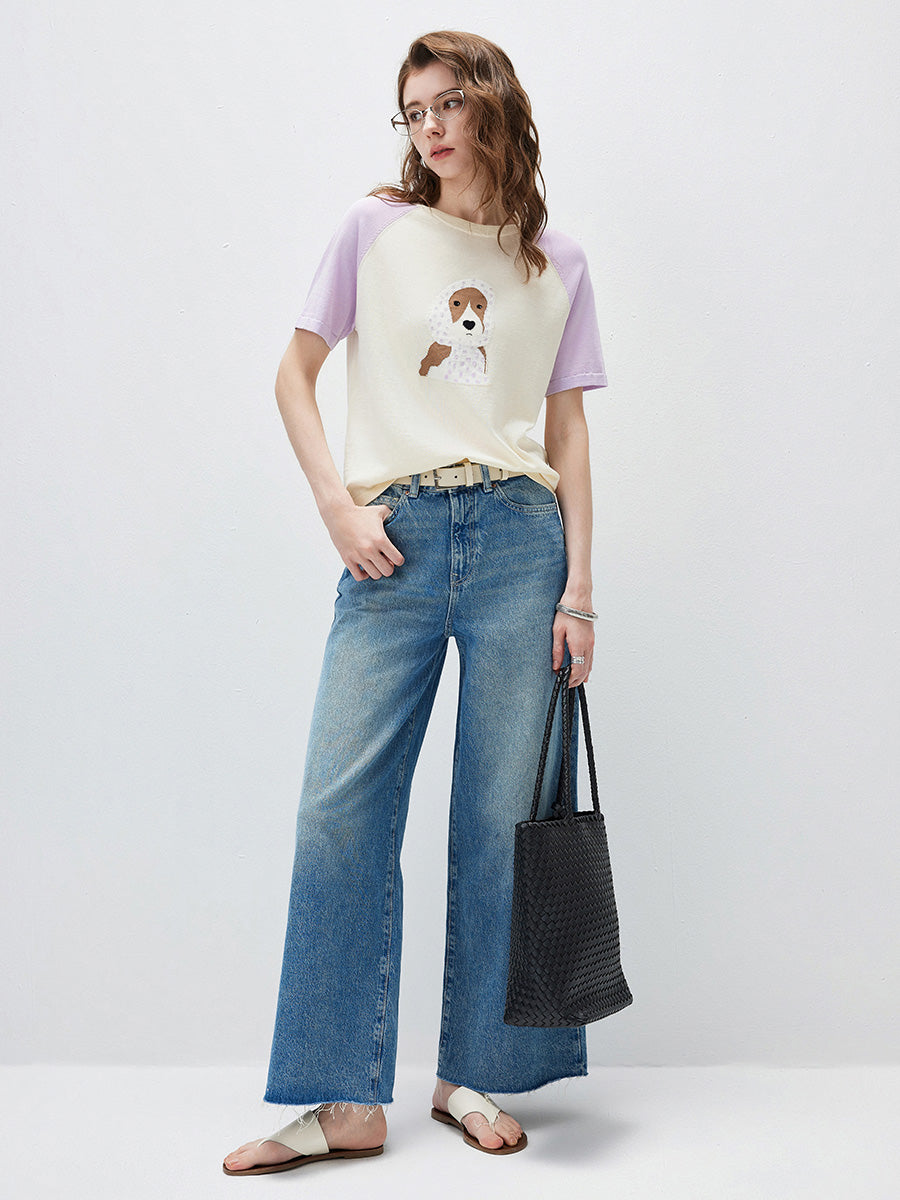 COMOBOCA Women's Puppy Intarsia Raglan Sleeve Knit T-Shirt