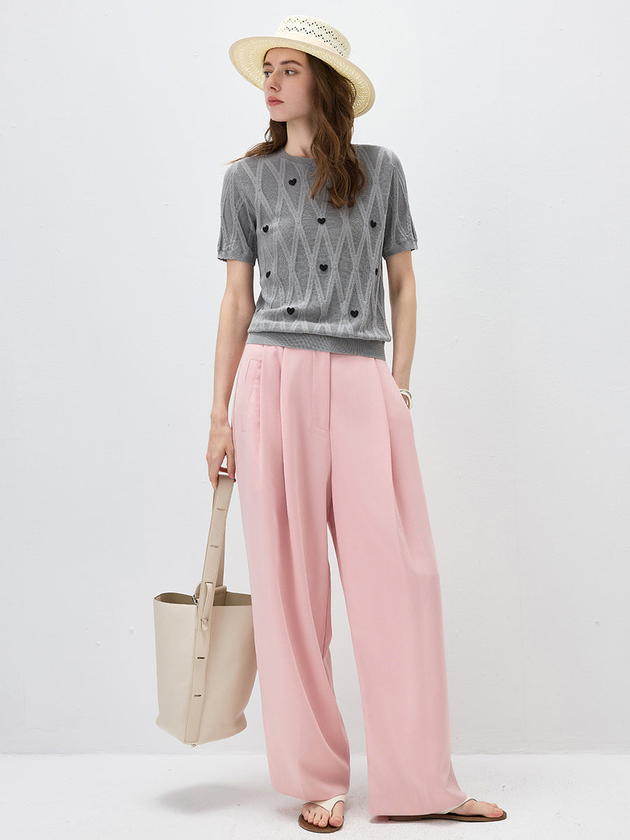 COMOBOCA Women's Heart Appliques Diamond Knit Top