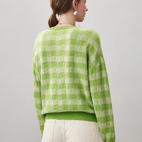 COMOBOCA 100% Cashmere Women's Checkered Round Neck Sweater