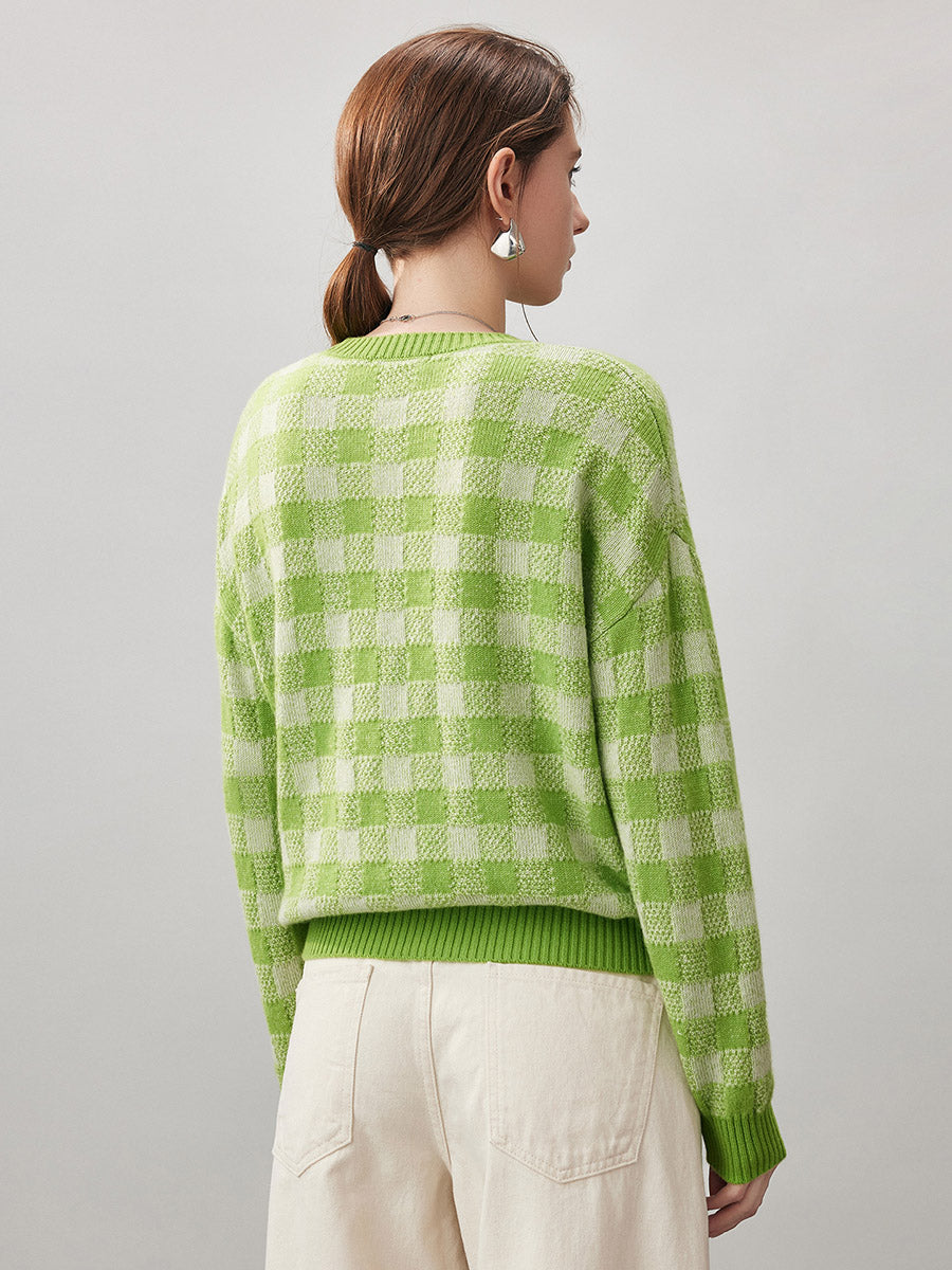 COMOBOCA 100% Cashmere Women's Checkered Round Neck Sweater