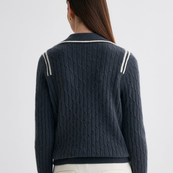 COMOBOCA 100% Cashmere Women's Cable Knit Polo Neck Sweater