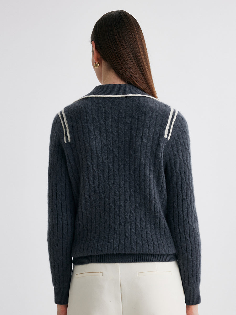 COMOBOCA 100% Cashmere Women's Cable Knit Polo Neck Sweater