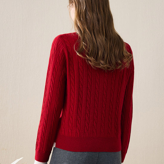 COMOBOCA 100% Wool Ribbed Cable Extra Size Knit Cardigan