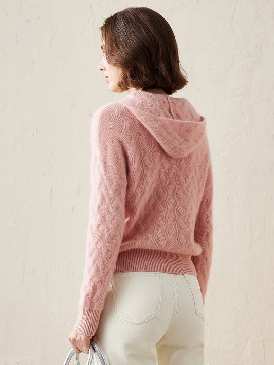 COMOBOCA 100% Cashmere Women's Cable Knit Hooded Sweater