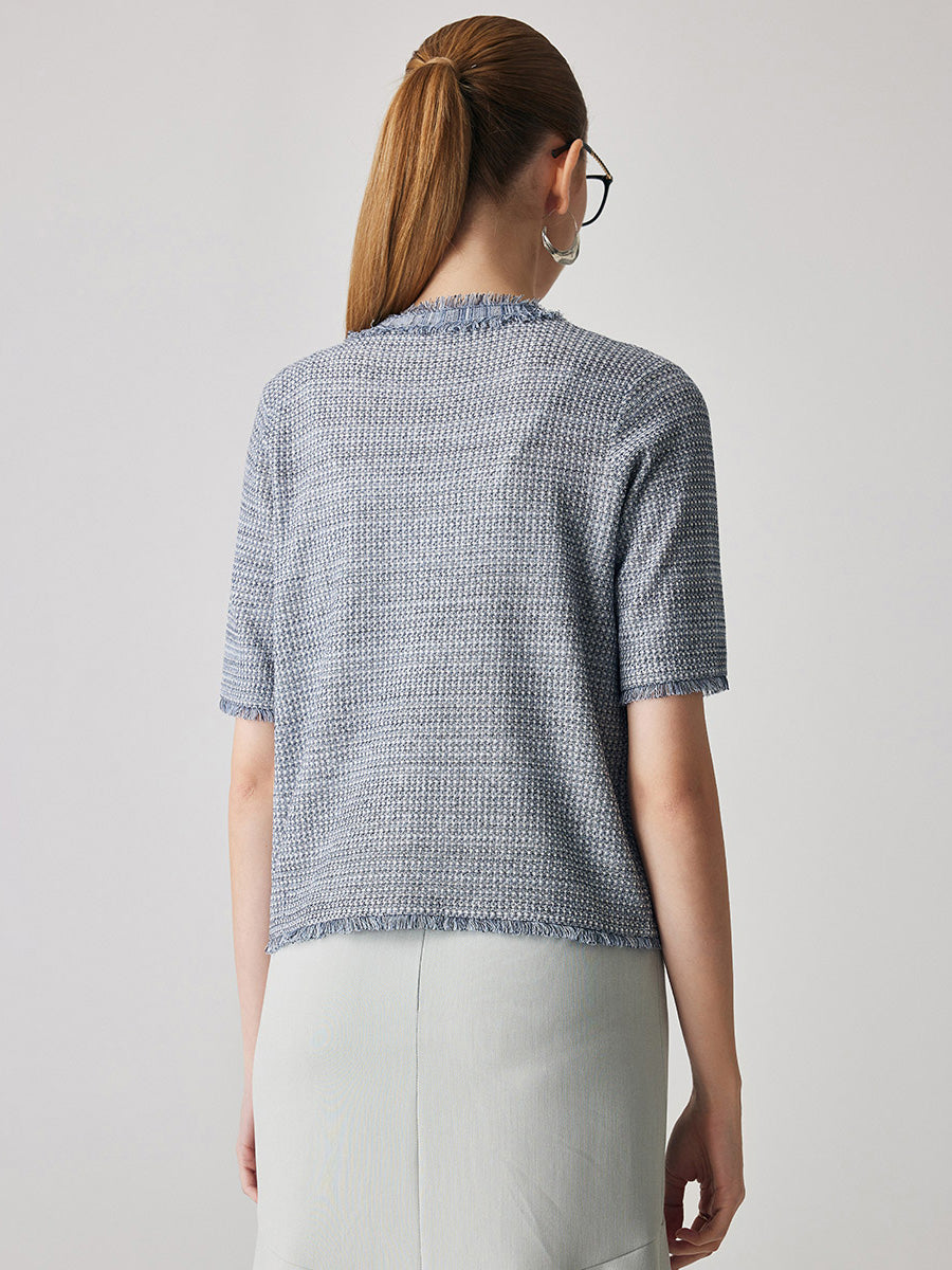 COMOBOCA Women's Cotton Silk Frayed Edge Button-Up Blouse