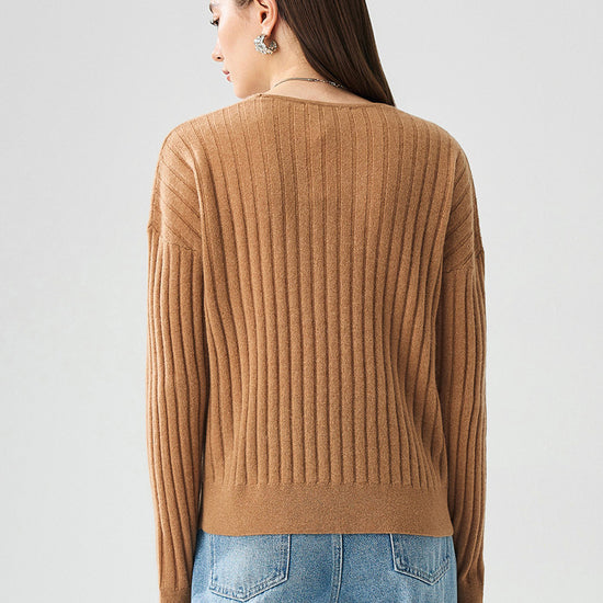 COMOBOCA 100% Cashmere Women's Cozy Ribbed V-Neck Sweater