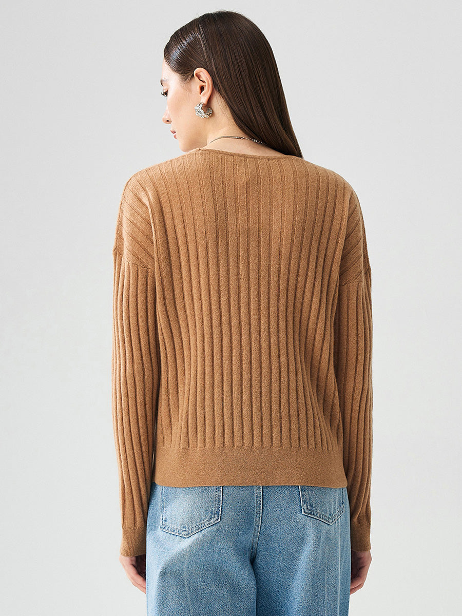 COMOBOCA 100% Cashmere Women's Cozy Ribbed V-Neck Sweater