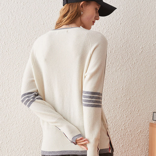 COMOBOCA 100% Cashmere Women's Striped Sleeve Round Neck Sweater