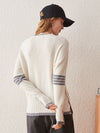 COMOBOCA 100% Cashmere Women's Striped Sleeve Round Neck Sweater
