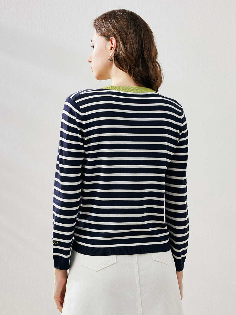 COMOBOCA Women's Striped Heart Embroidered Cotton Silk Sweater